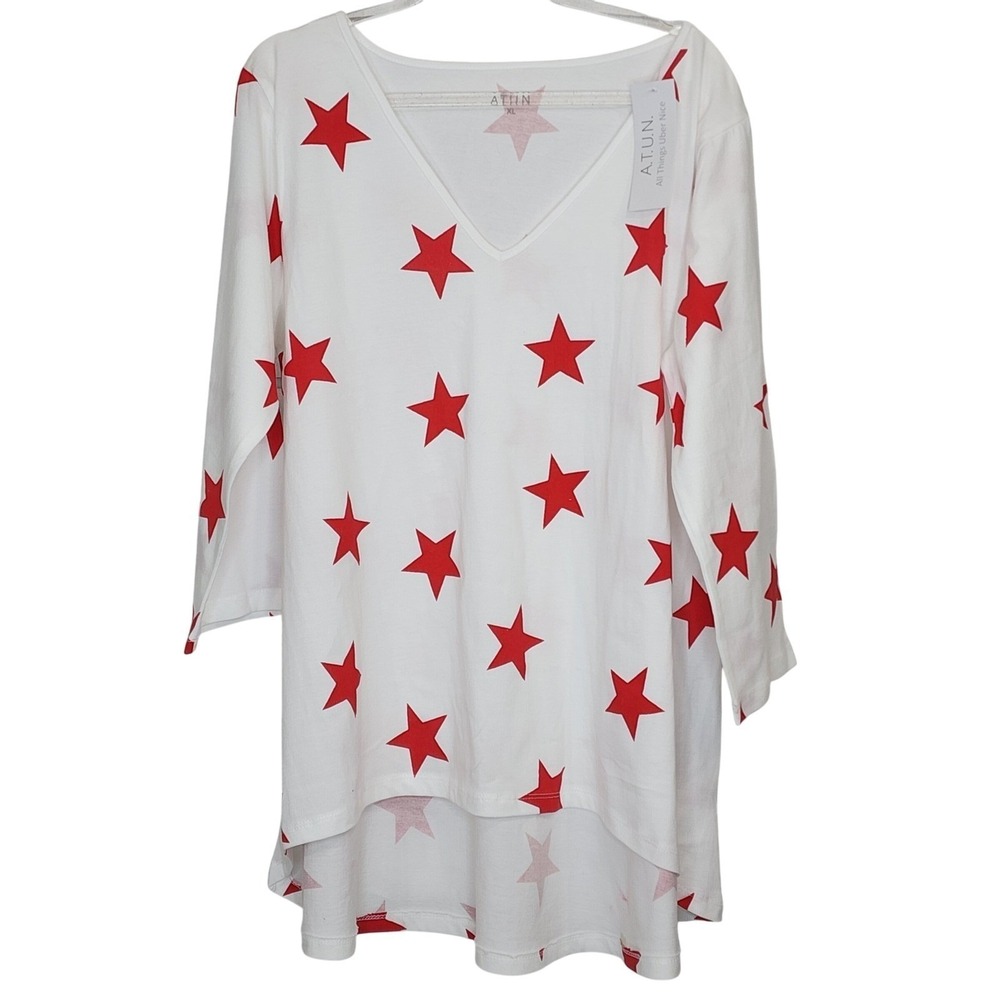 ATUN Women's White Red Star Print V‎ Neck Tunic Top XL